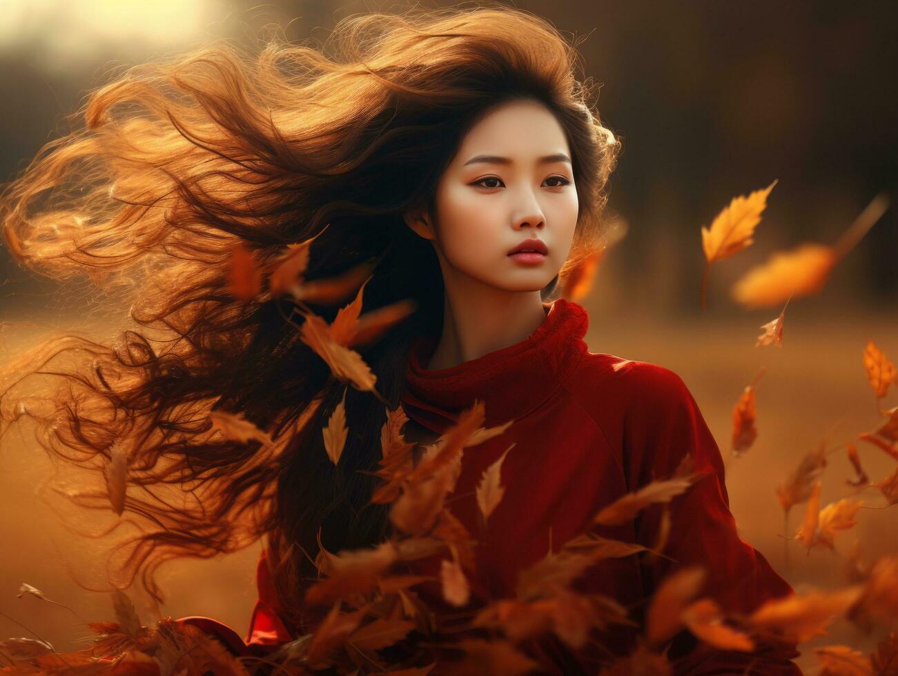 photo of emotional dynamic pose Asian woman in autumn AI Generative