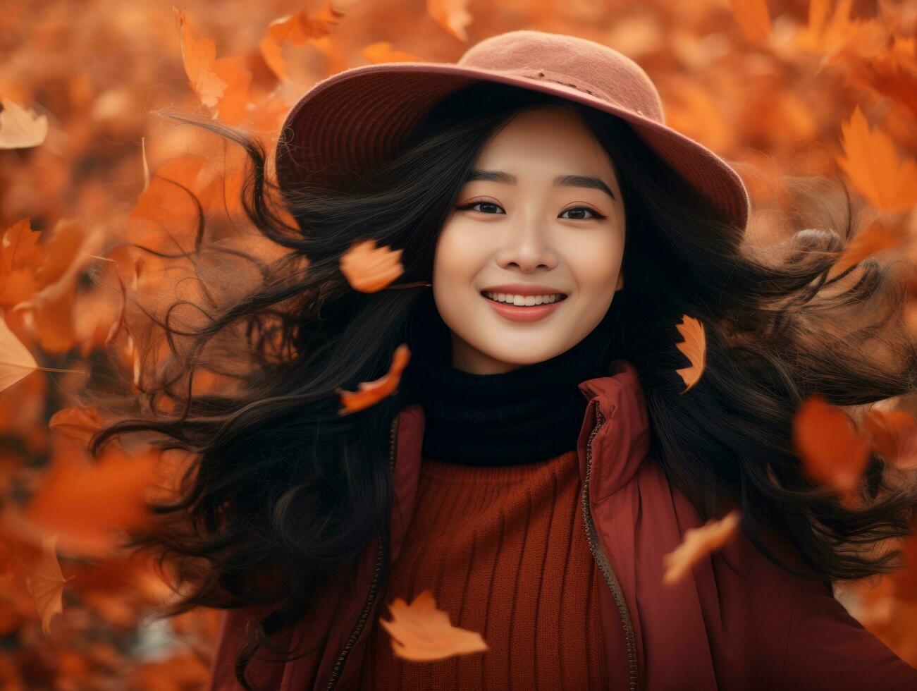 photo of emotional dynamic pose Asian woman in autumn AI Generative