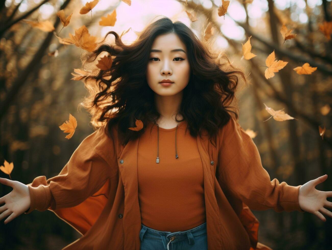 photo of emotional dynamic pose Asian woman in autumn AI Generative