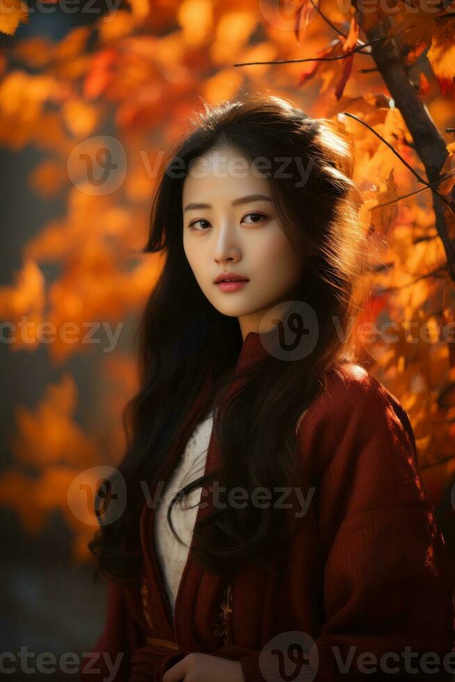 photo of emotional dynamic pose Asian woman in autumn AI Generative