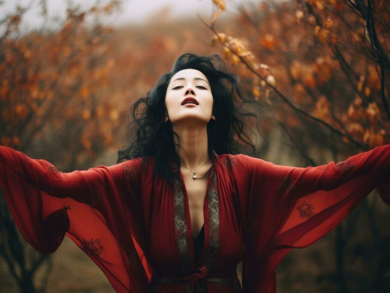 photo of emotional dynamic pose Asian woman in autumn AI Generative