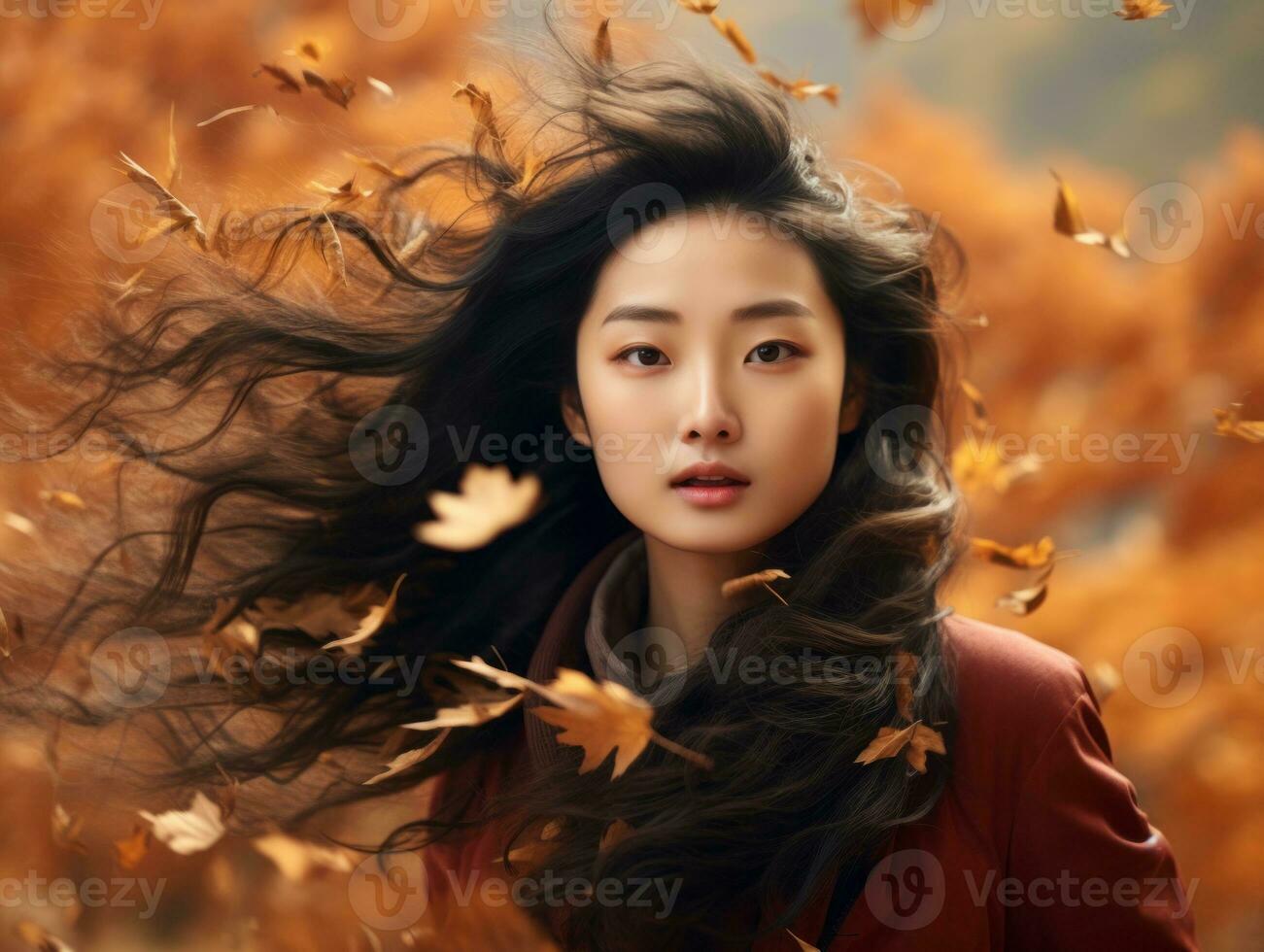 photo of emotional dynamic pose Asian woman in autumn AI Generative