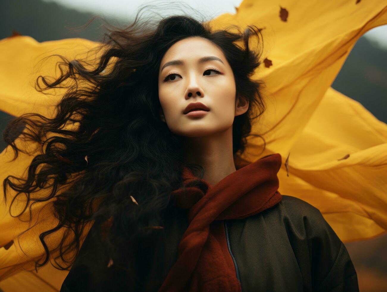 photo of emotional dynamic pose Asian woman in autumn AI Generative