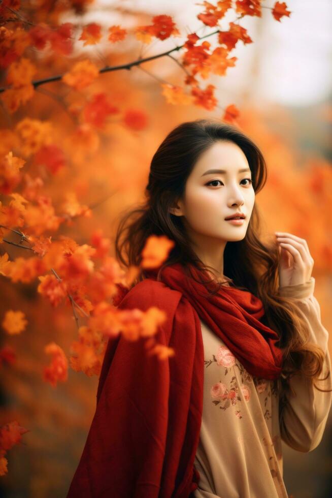 photo of emotional dynamic pose Asian woman in autumn AI Generative