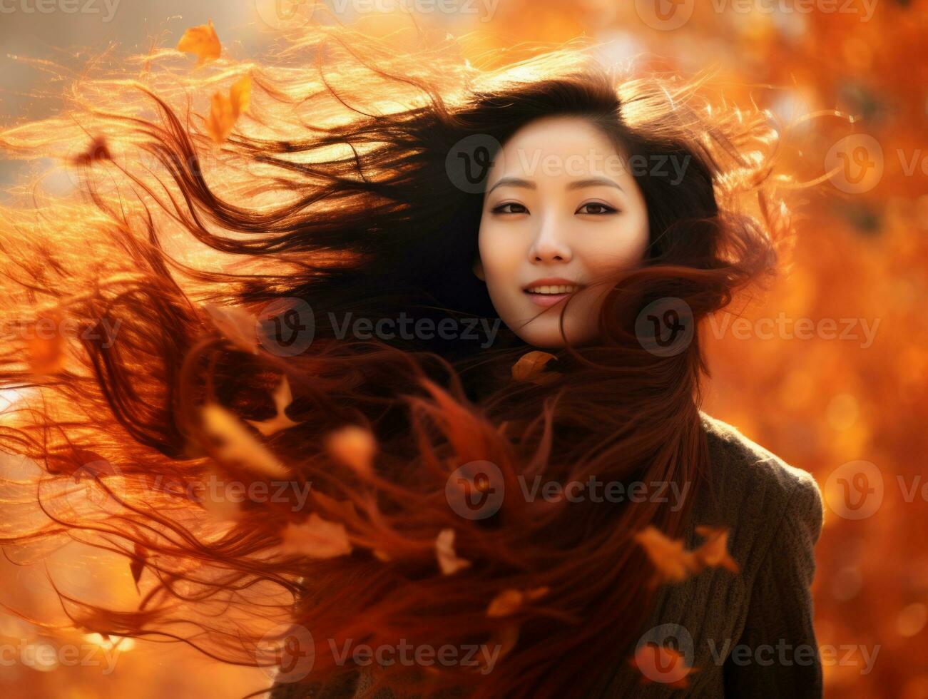 photo of emotional dynamic pose Asian woman in autumn AI Generative