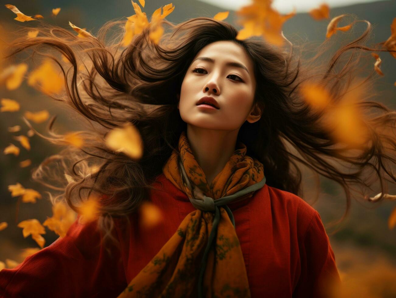 photo of emotional dynamic pose Asian woman in autumn AI Generative
