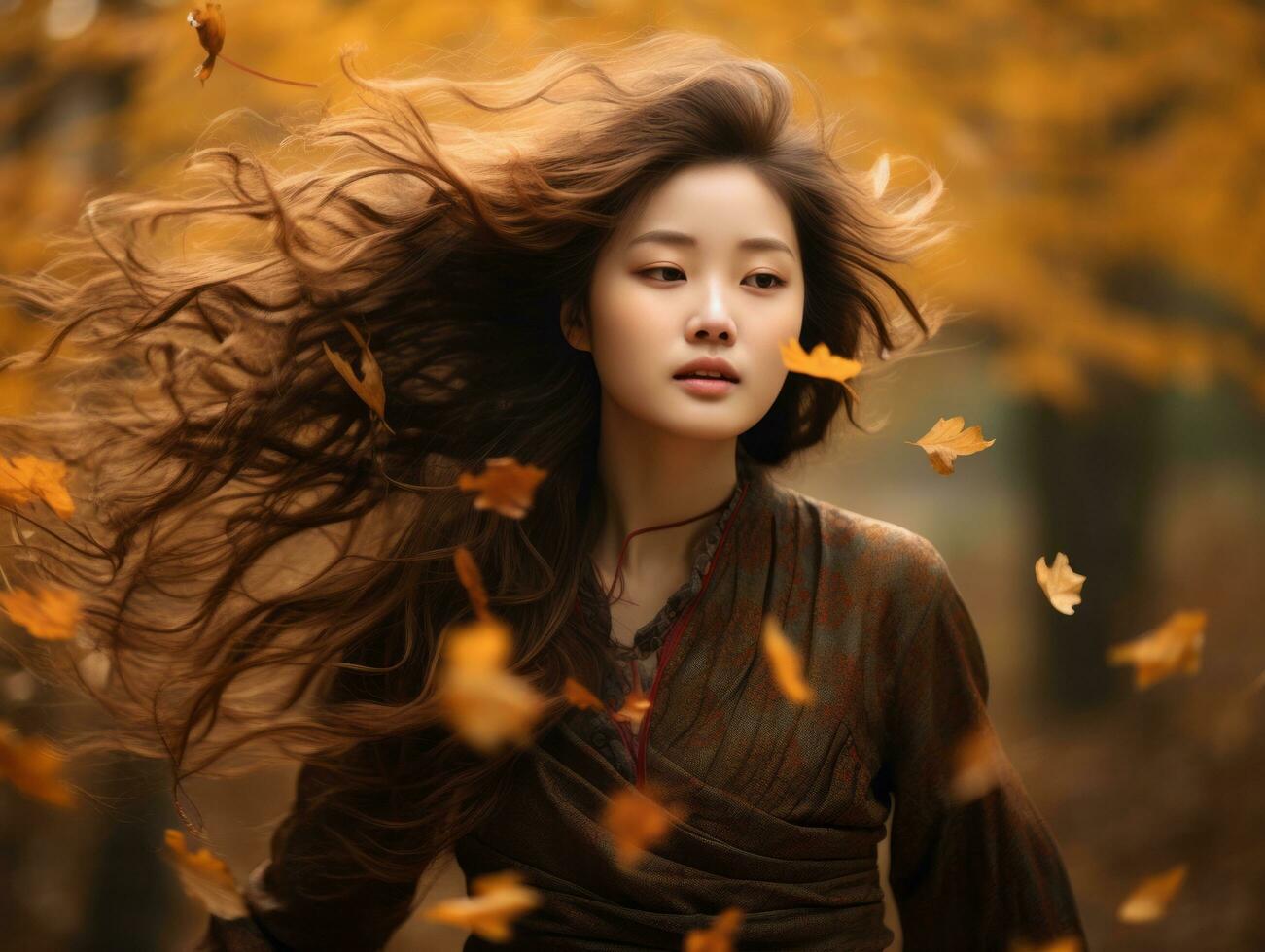 photo of emotional dynamic pose Asian woman in autumn AI Generative