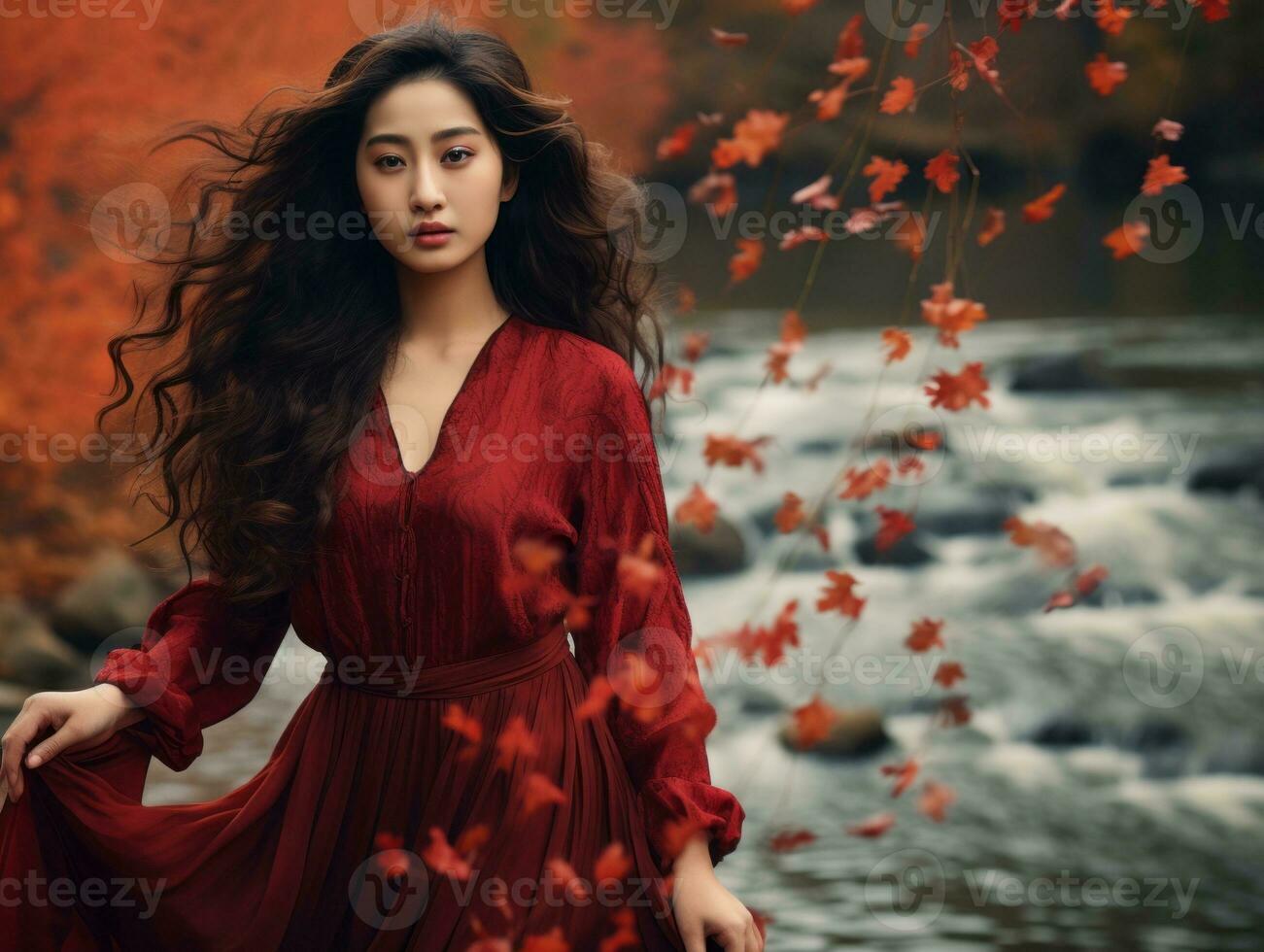 photo of emotional dynamic pose Asian woman in autumn AI Generative