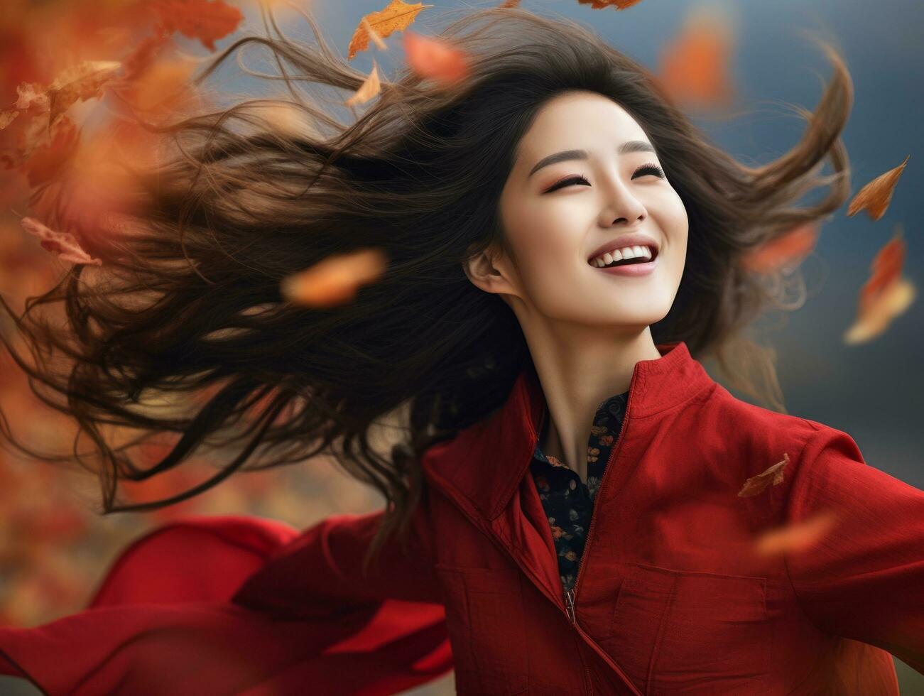foto de emocional dinámica actitud asiático mujer en otoño ai generativo