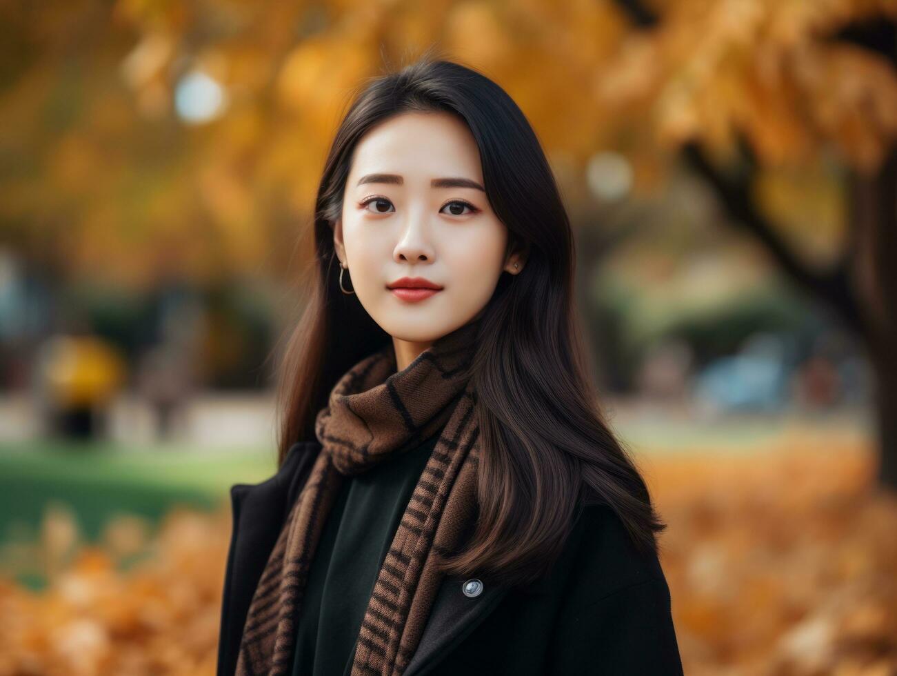 photo of emotional dynamic pose Asian woman in autumn AI Generative