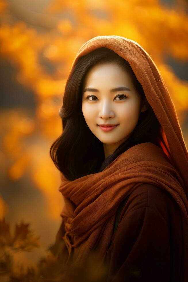 photo of emotional dynamic pose Asian woman in autumn AI Generative