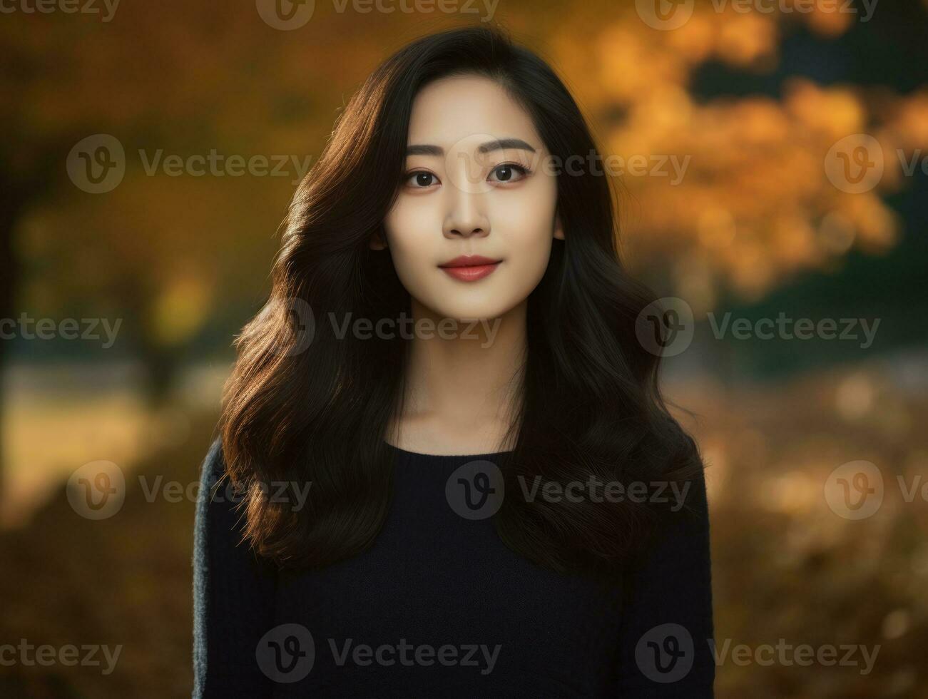 photo of emotional dynamic pose Asian woman in autumn AI Generative