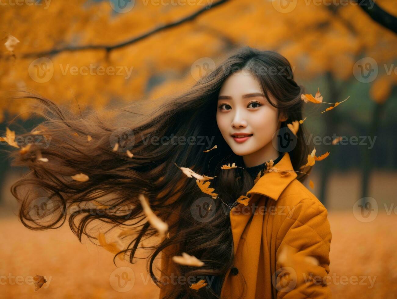 photo of emotional dynamic pose Asian woman in autumn AI Generative