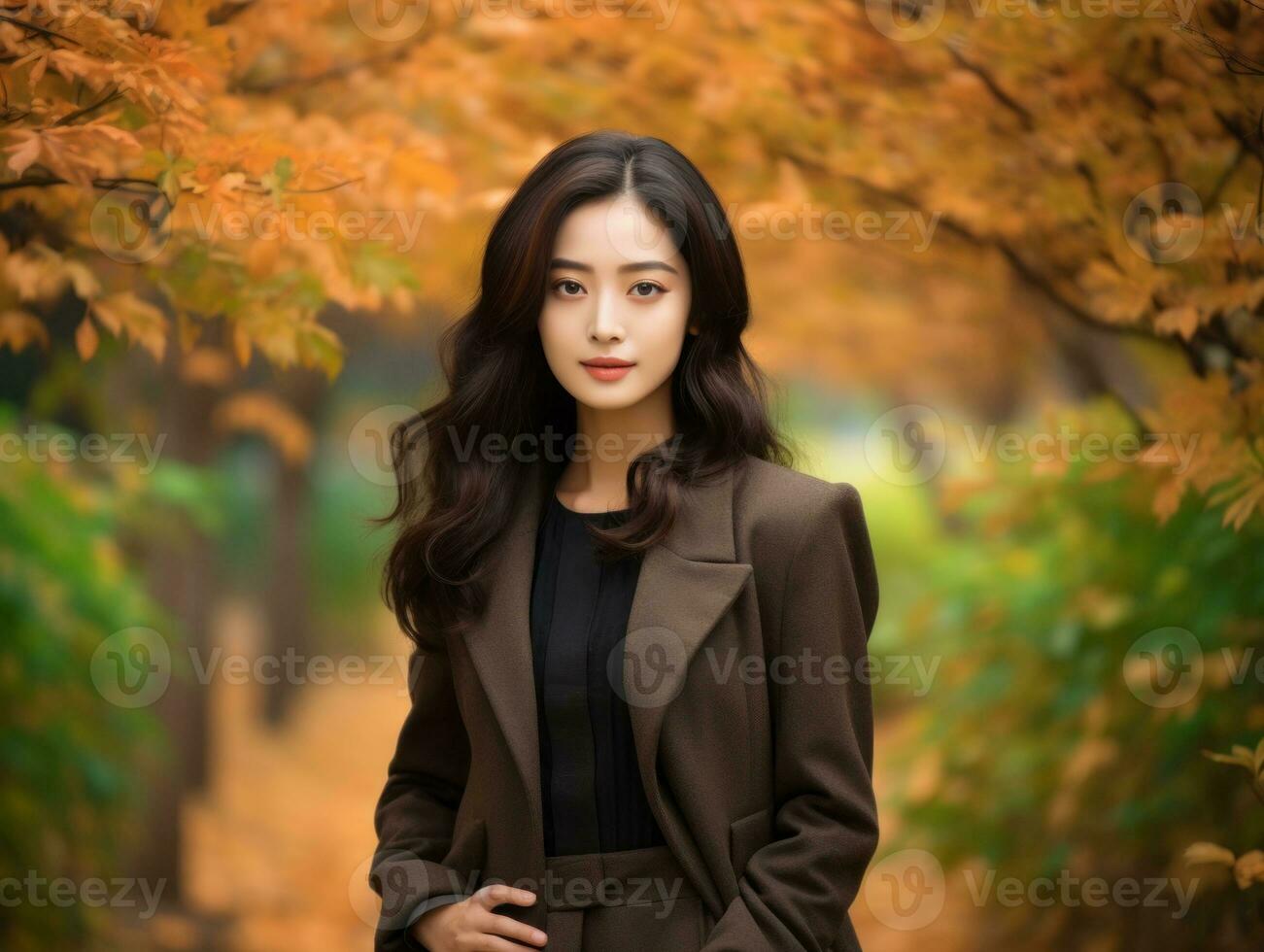 photo of emotional dynamic pose Asian woman in autumn AI Generative