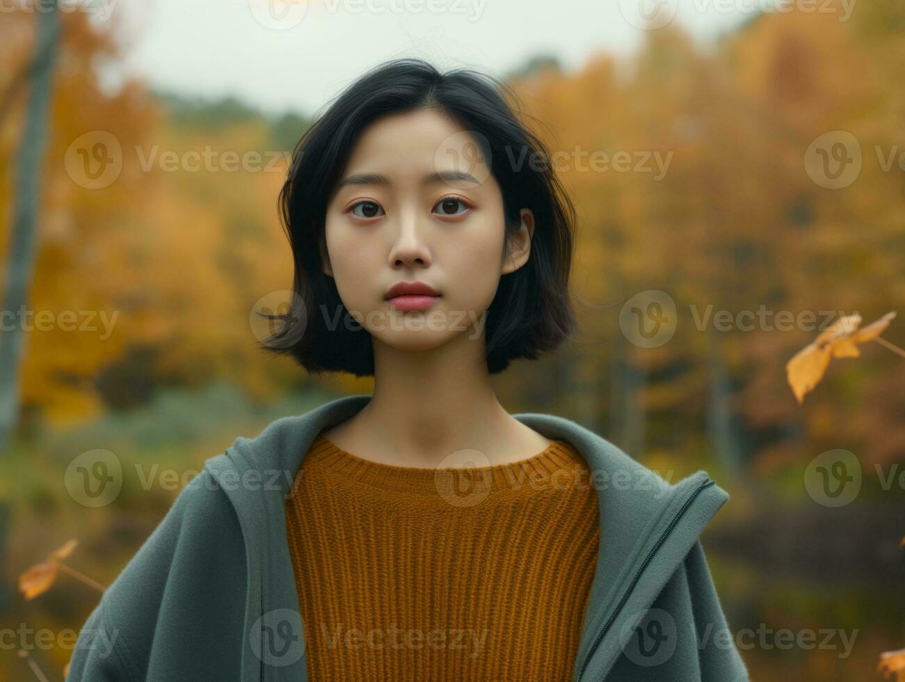 photo of emotional dynamic pose Asian woman in autumn AI Generative