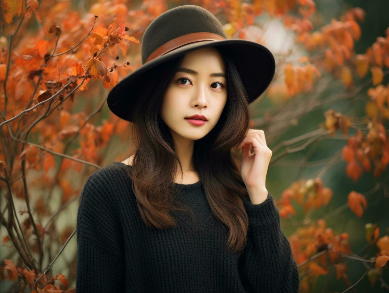 photo of emotional dynamic pose Asian woman in autumn AI Generative