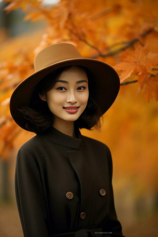 photo of emotional dynamic pose Asian woman in autumn AI Generative