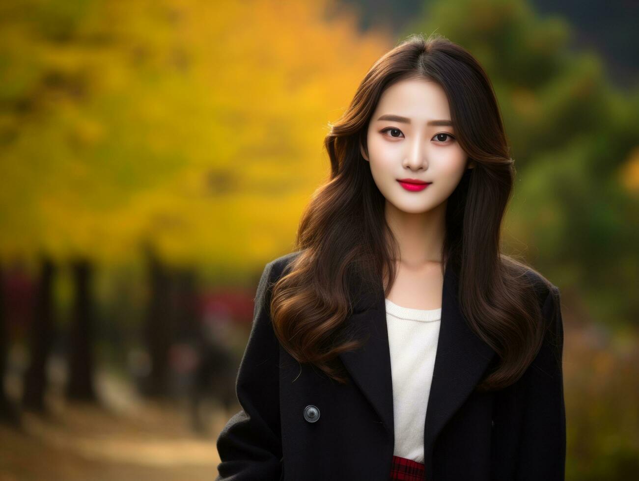 photo of emotional dynamic pose Asian woman in autumn AI Generative