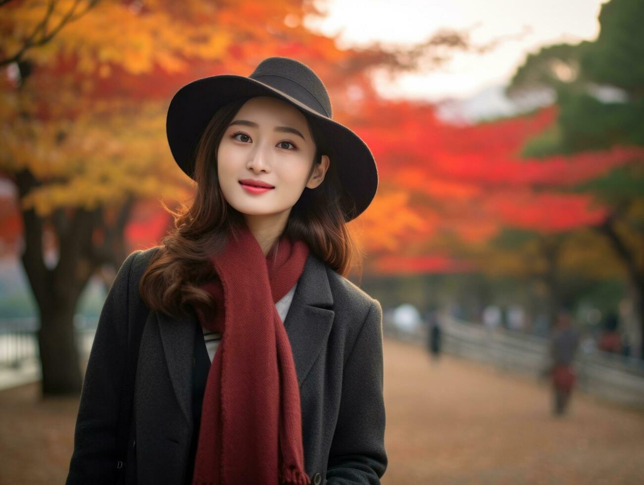photo of emotional dynamic pose Asian woman in autumn AI Generative