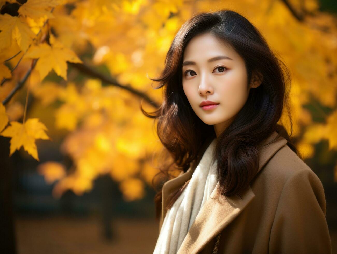 photo of emotional dynamic pose Asian woman in autumn AI Generative