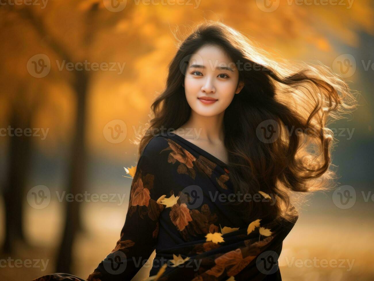 photo of emotional dynamic pose Asian woman in autumn AI Generative