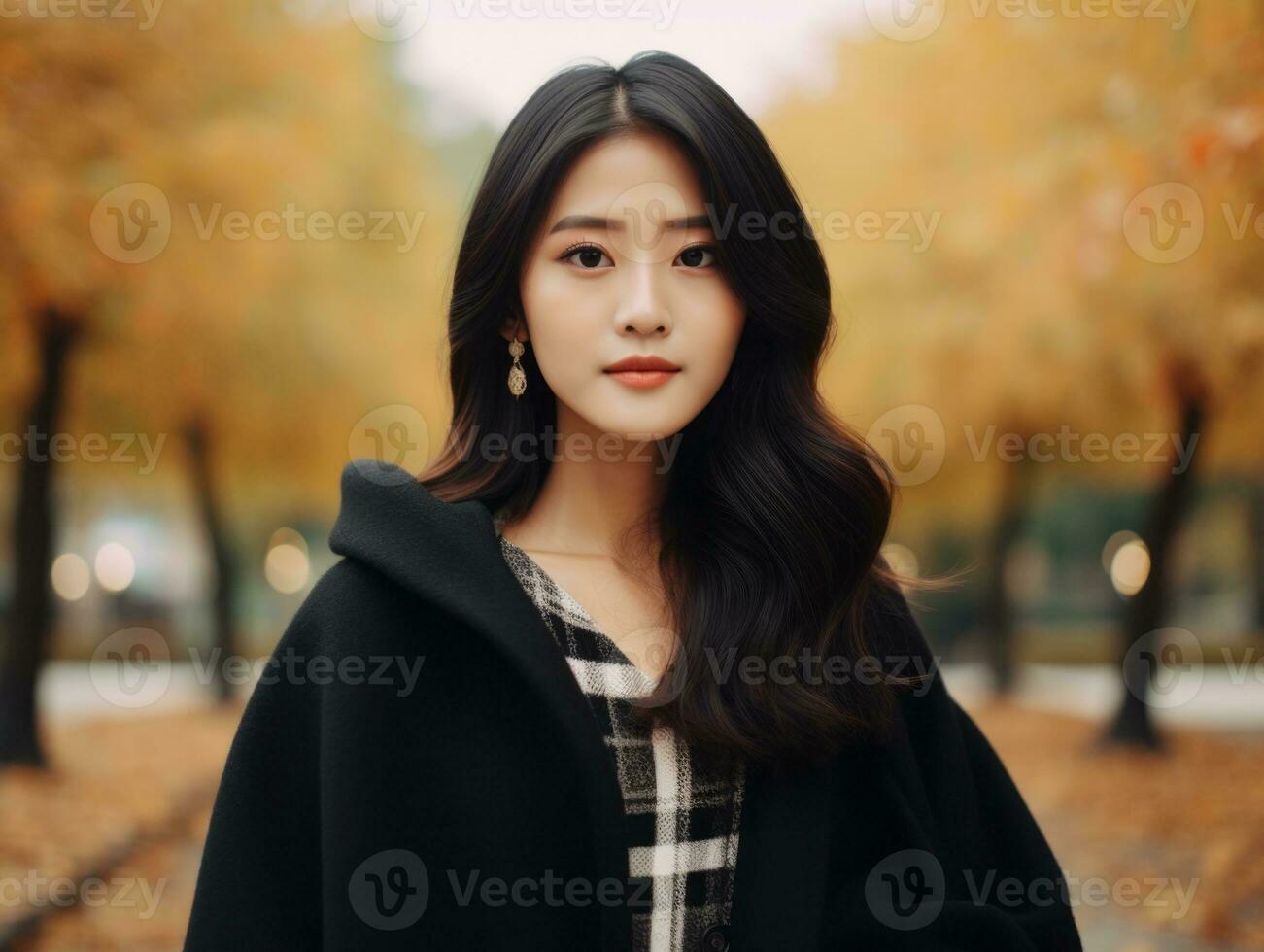 photo of emotional dynamic pose Asian woman in autumn AI Generative