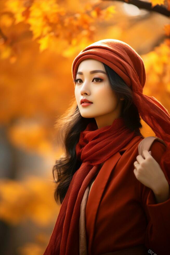 photo of emotional dynamic pose Asian woman in autumn AI Generative