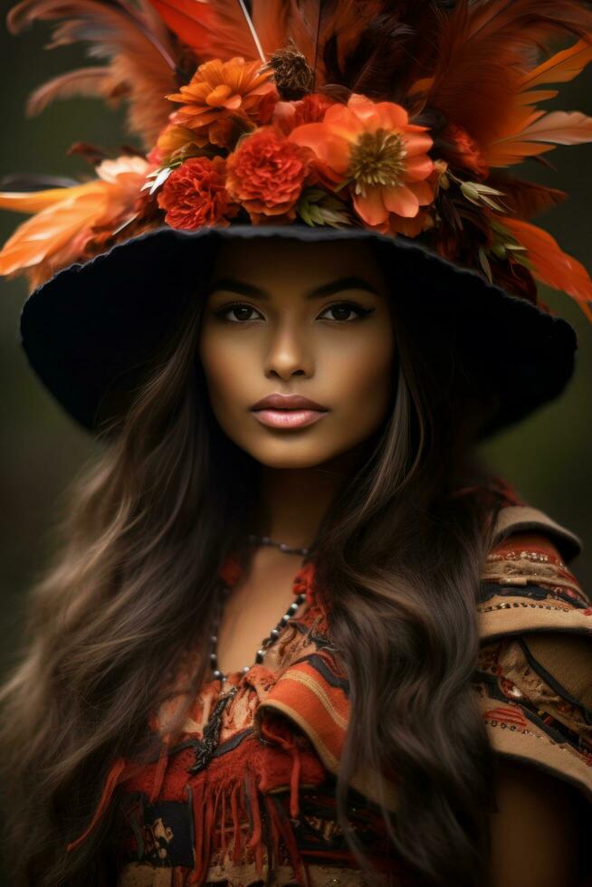 photo of emotional dynamic pose Brazilian woman in autumn AI Generative