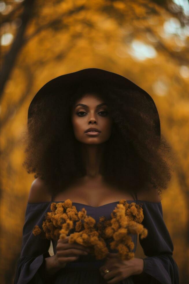 photo of emotional dynamic pose Brazilian woman in autumn AI Generative