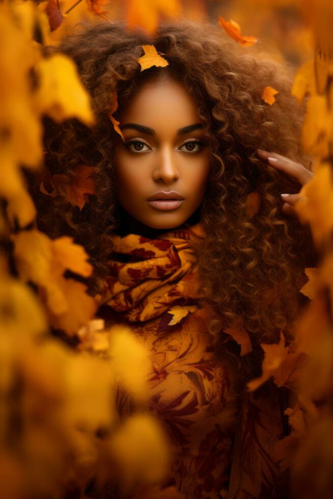 photo of emotional dynamic pose Brazilian woman in autumn AI Generative