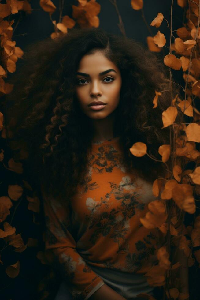 photo of emotional dynamic pose Brazilian woman in autumn AI Generative