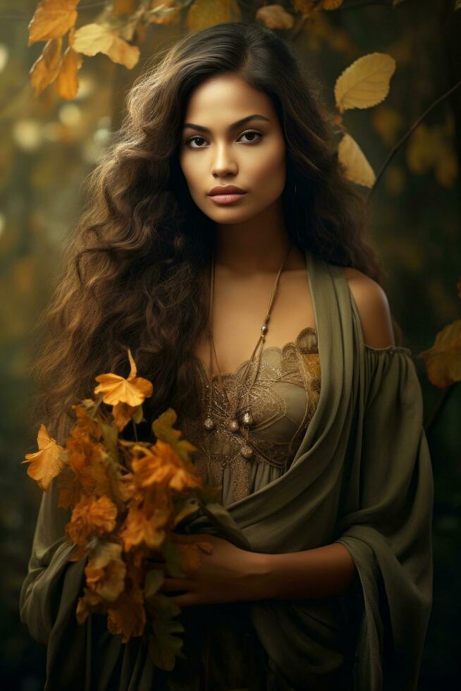 photo of emotional dynamic pose Brazilian woman in autumn AI Generative