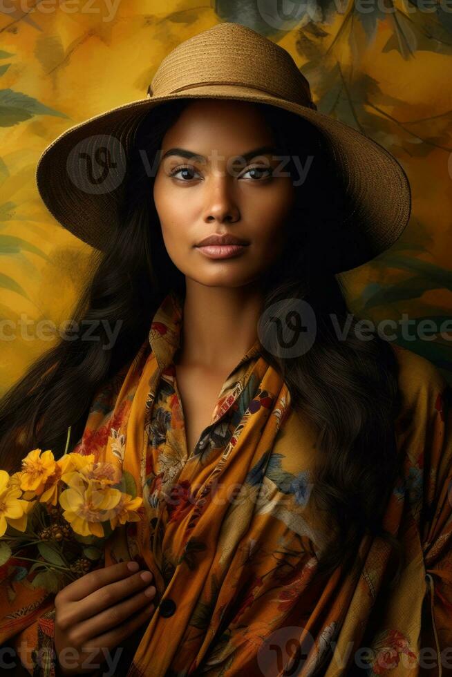 foto de emocional dinámica actitud brasileño mujer en otoño ai generativo