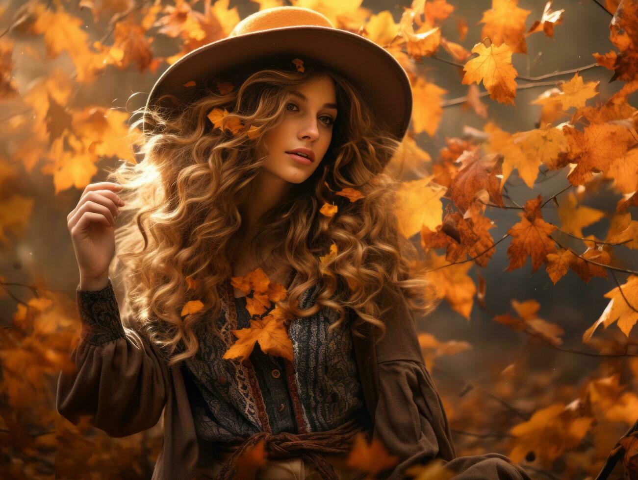 photo of emotional dynamic pose Brazilian woman in autumn AI Generative