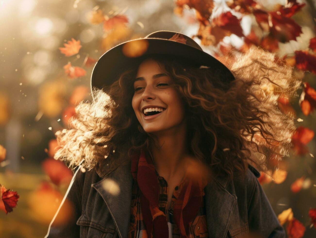 photo of emotional dynamic pose Brazilian woman in autumn AI Generative