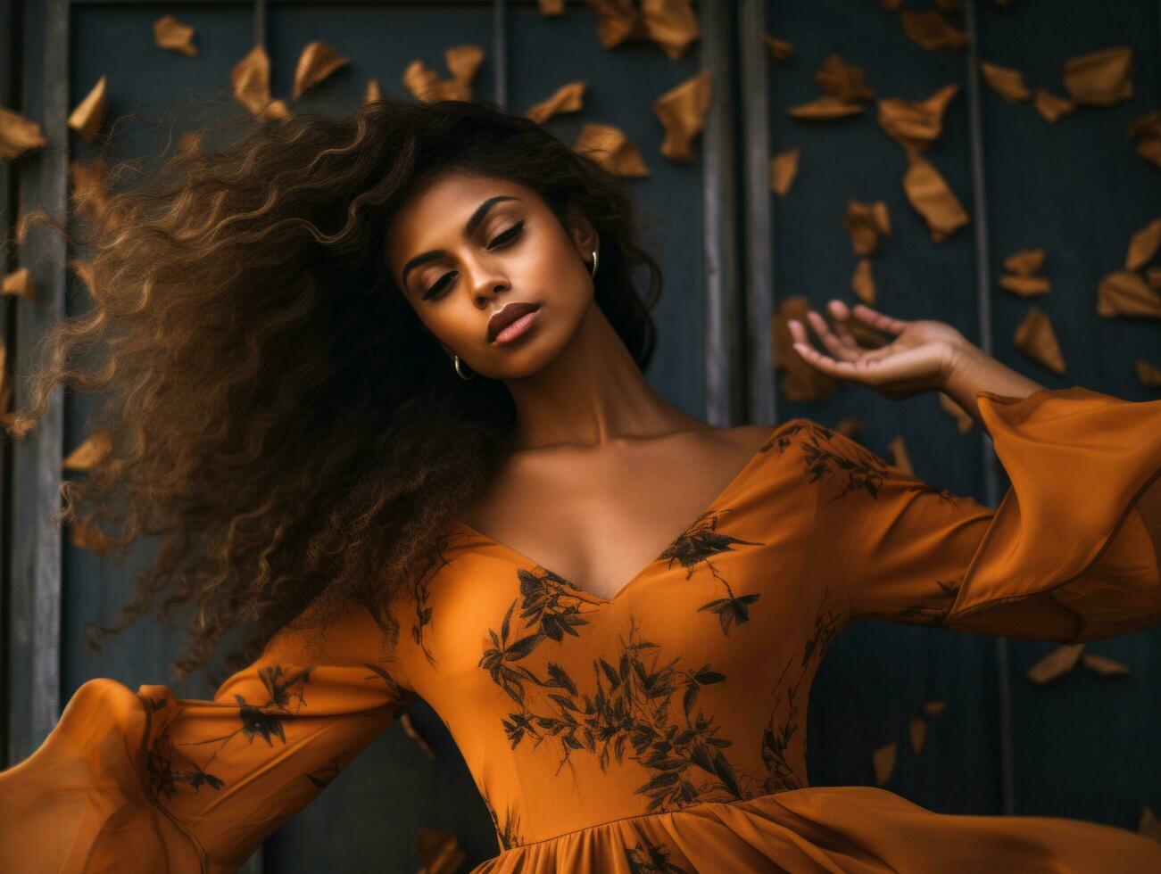 photo of emotional dynamic pose Brazilian woman in autumn AI Generative