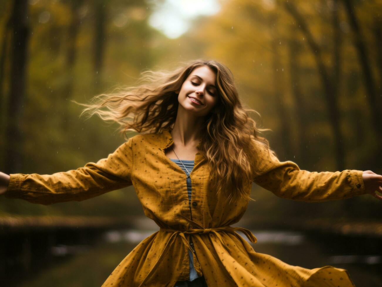photo of emotional dynamic pose Brazilian woman in autumn AI Generative
