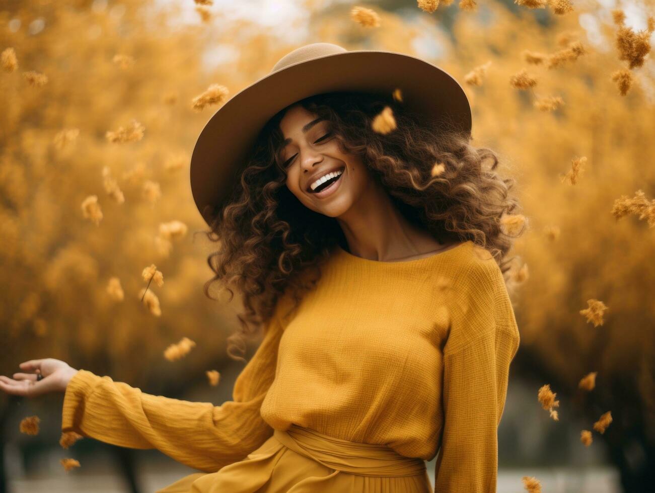 photo of emotional dynamic pose Brazilian woman in autumn AI Generative