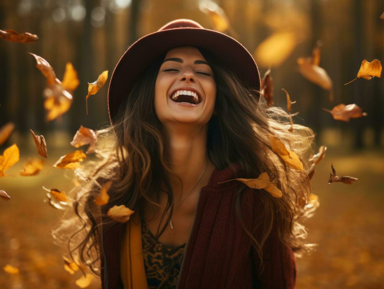 photo of emotional dynamic pose Brazilian woman in autumn AI Generative
