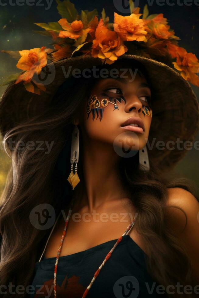 photo of emotional dynamic pose Brazilian woman in autumn AI Generative