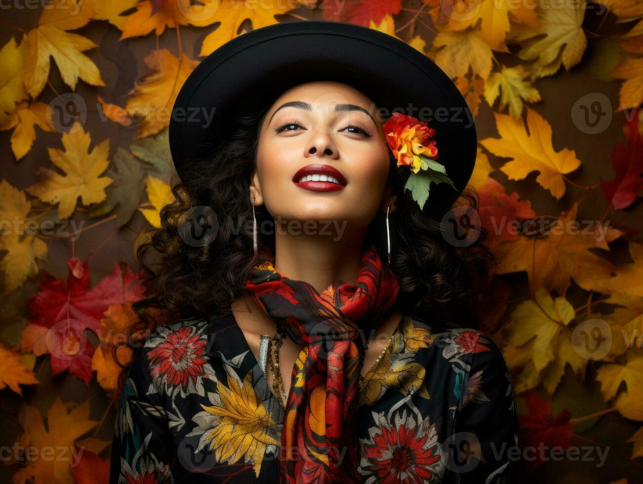 photo of emotional dynamic pose Mexican woman in autumn AI Generative