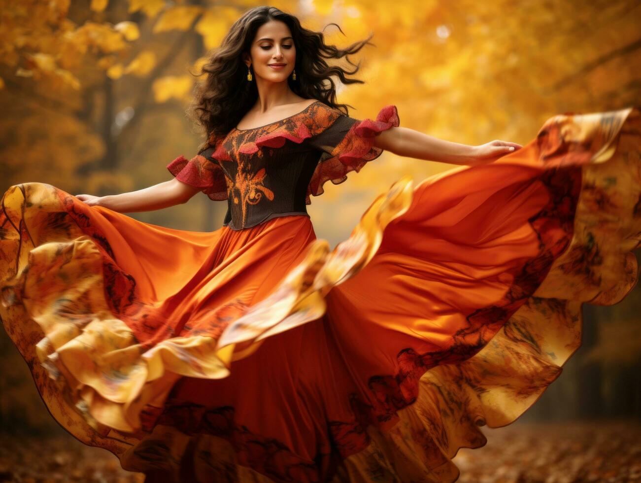 photo of emotional dynamic pose Mexican woman in autumn AI Generative