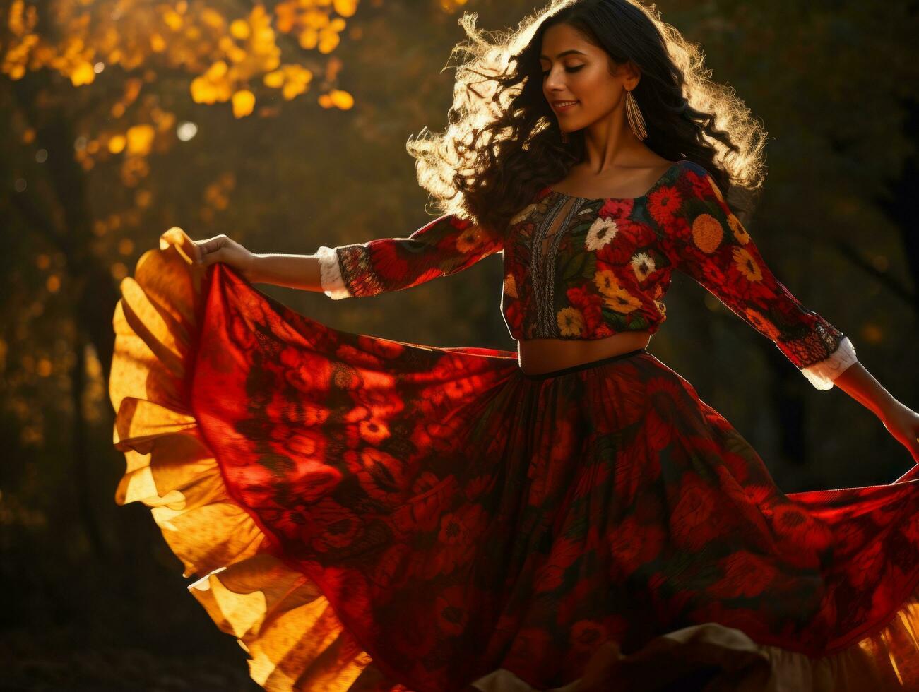 photo of emotional dynamic pose Mexican woman in autumn AI Generative