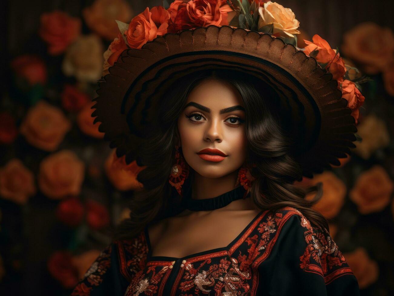photo of emotional dynamic pose Mexican woman in autumn AI Generative