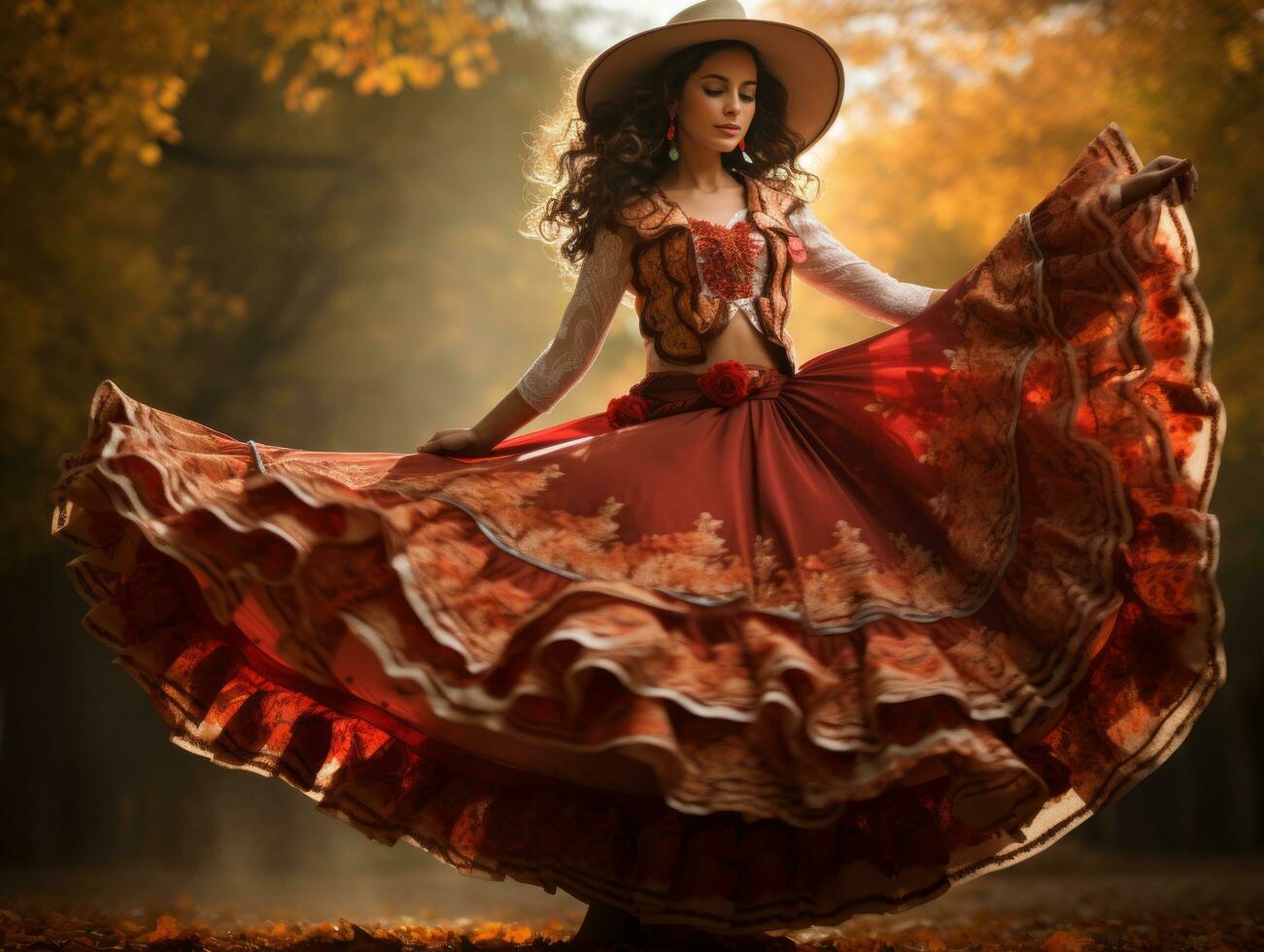 photo of emotional dynamic pose Mexican woman in autumn AI Generative