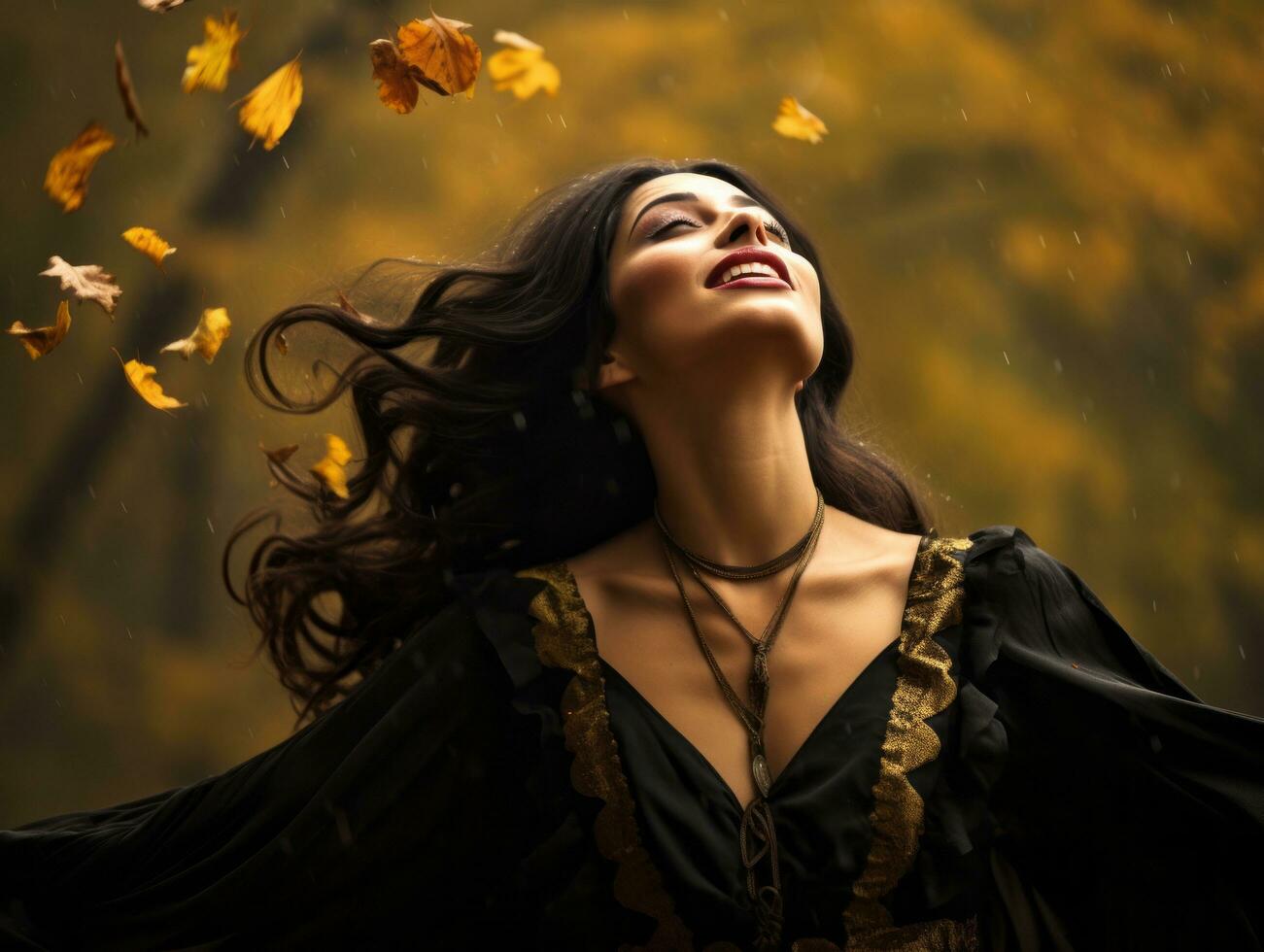 photo of emotional dynamic pose Mexican woman in autumn AI Generative