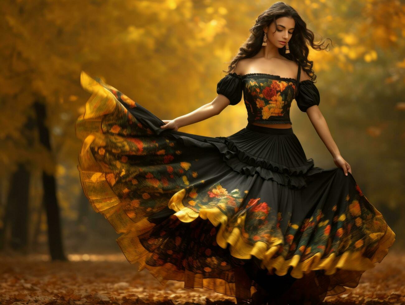 photo of emotional dynamic pose Mexican woman in autumn AI Generative