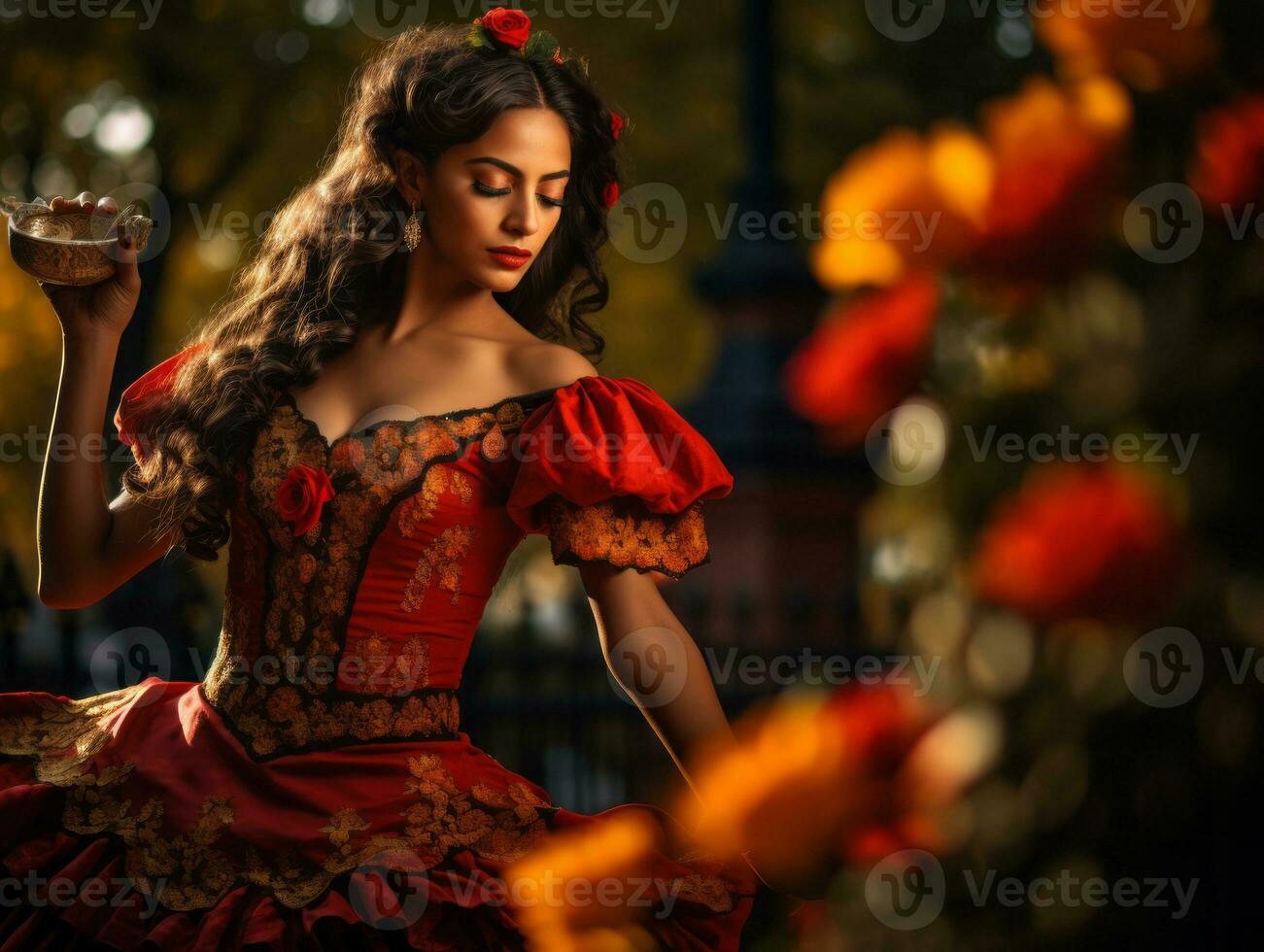 photo of emotional dynamic pose Mexican woman in autumn AI Generative