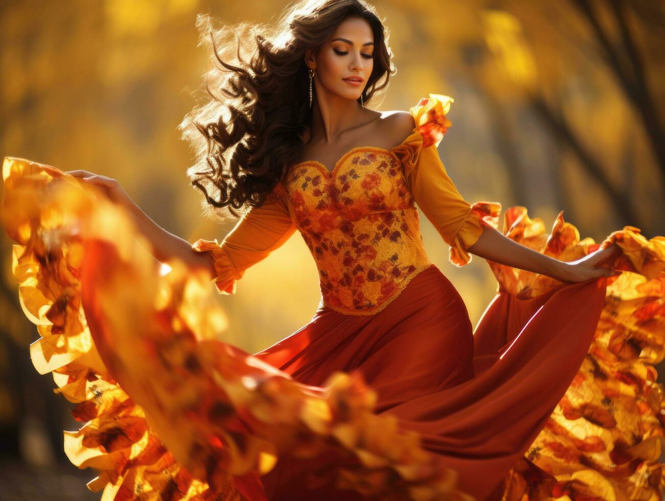 photo of emotional dynamic pose Mexican woman in autumn AI Generative