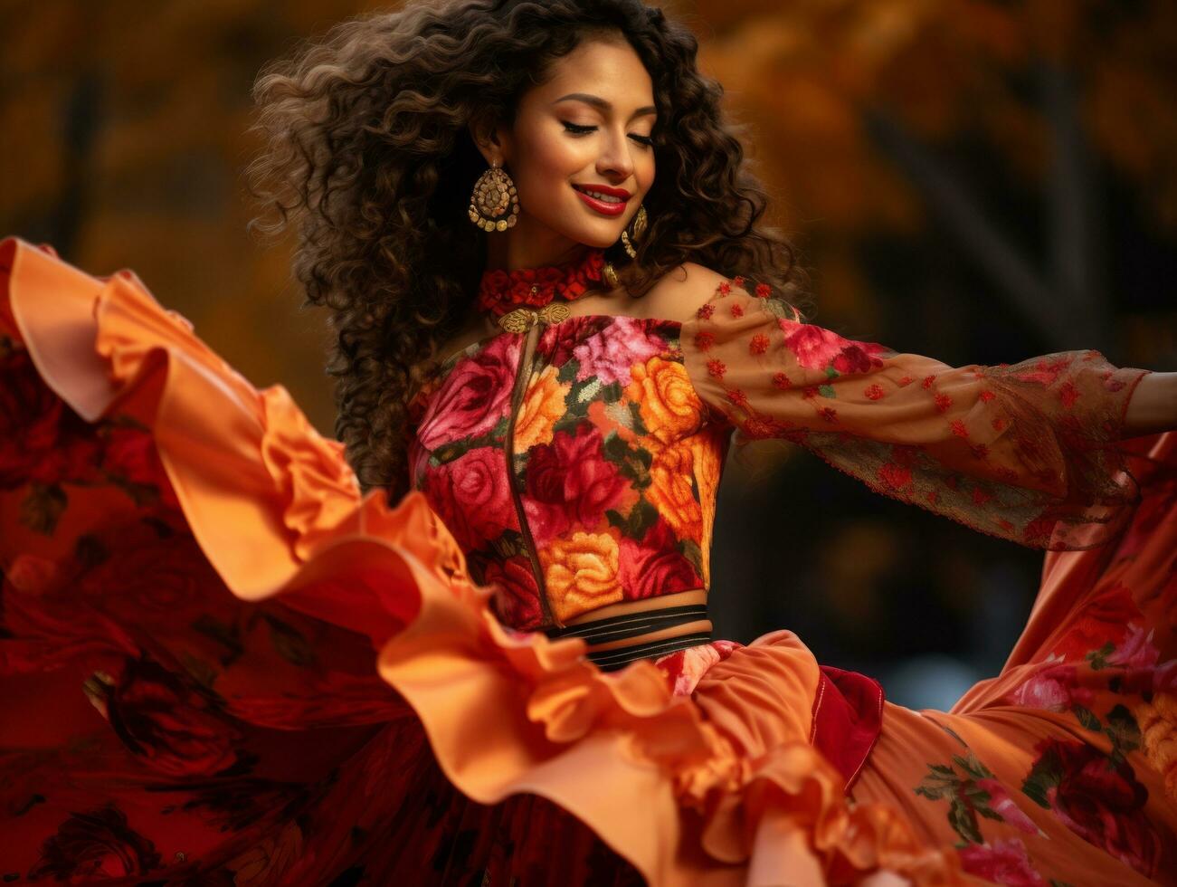 photo of emotional dynamic pose Mexican woman in autumn AI Generative